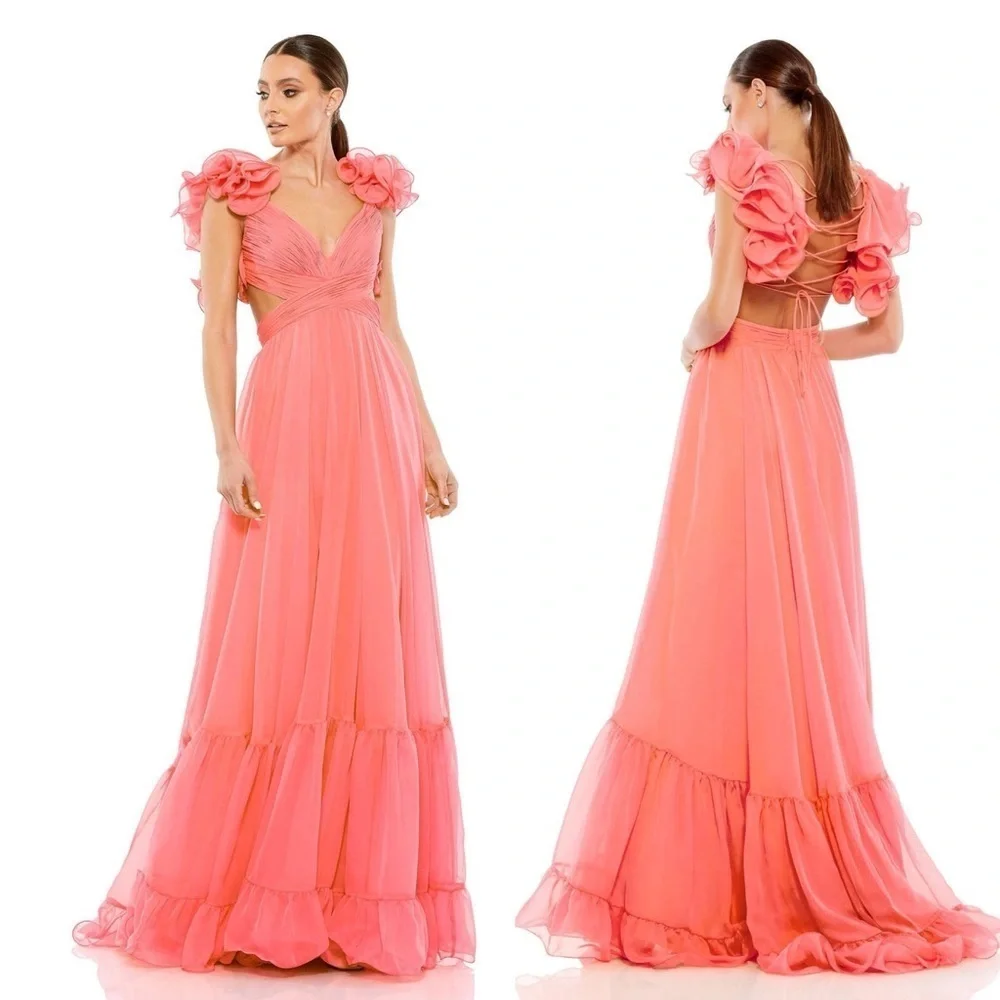 NEW $600 MAC DUGGAL RUFFLE TIERED CUT-OUT CHIFFON GOWN CORAL SIZE 12 - Picture 6 of 17